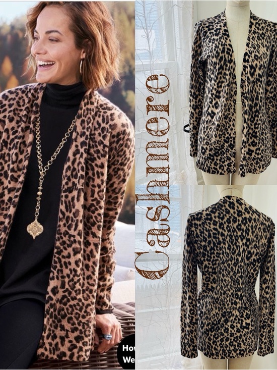 CashmereCashmere Sweaters - Leopard Print Open-Front Women's Cardigan Sweater - Brown/Black